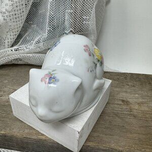 Vintage Sleeping Cat Trinket Box Lidded Floral design Ceramic Japan